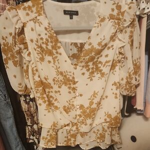 Pleione Women's Floral Ruffle Blouse - Cream and Brown